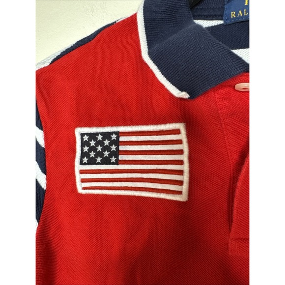 Polo Ralph Lauren Large PONY Polo logo USA Flag patch Shirt Boy 8 Red White Blue - Picture 4 of 8